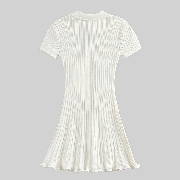 Knit Collar Short Sleeve Ribbed Sparkling Dress, Rhinestone Pearl Buttons - Picture 4 of 12